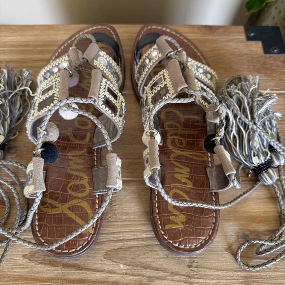 Sam Edelman Gretchen Gray Silver Ankle Wrap Tassel Gladiator Flat Sandal Size 7 - Picture 13 of 17